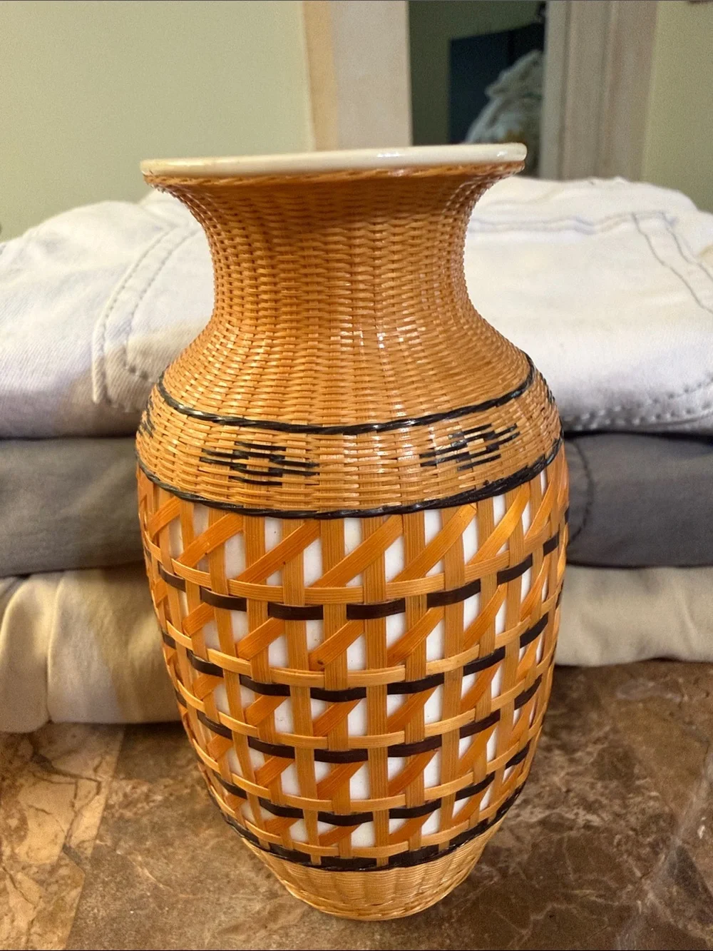 Vintage Miniature Chines Hand- Woven Bamboo Encased Porcelain Vase Mid Cen